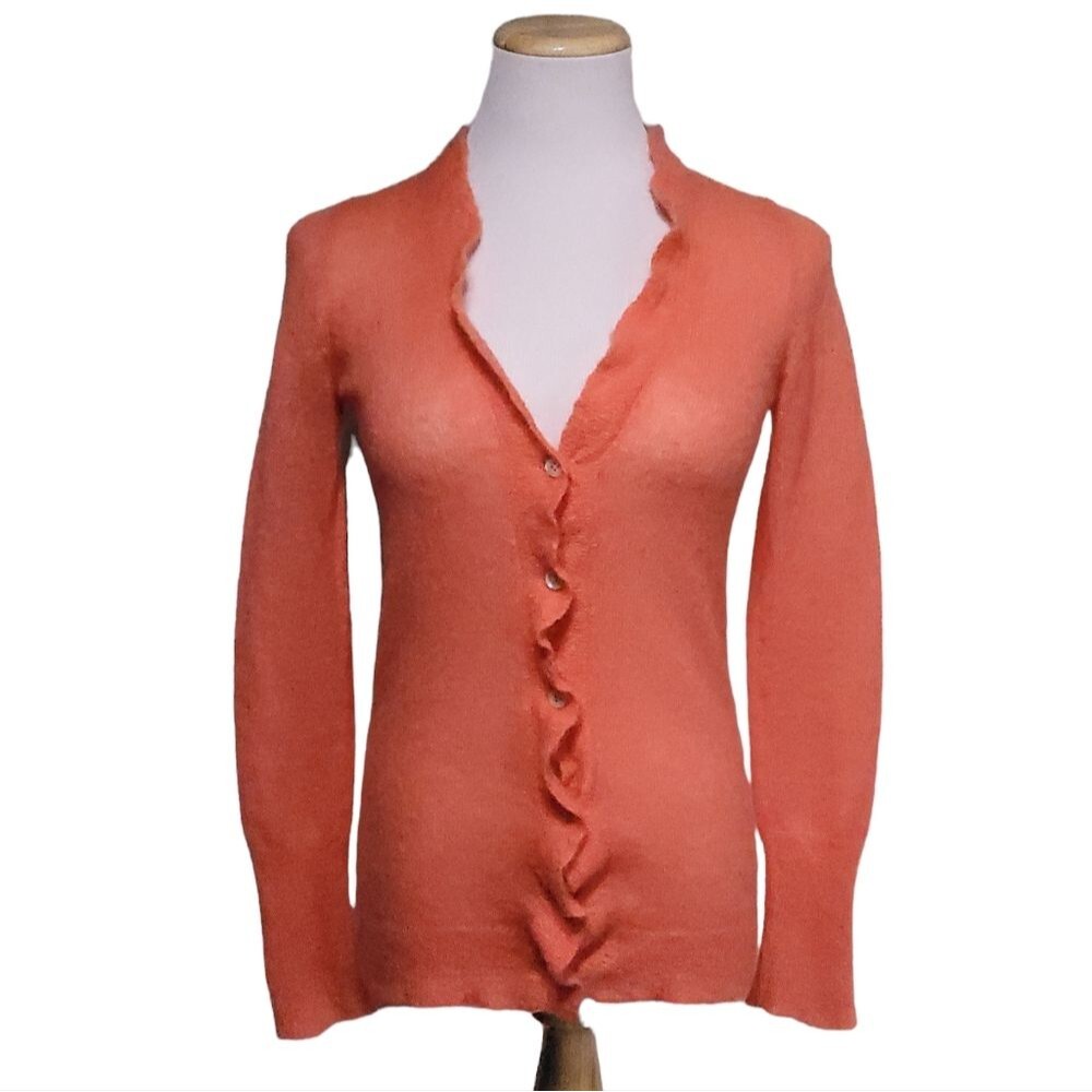 J Crew Black Label Orange Coral Mohair Wool Blend w Ruffles Sweater Cardigan S